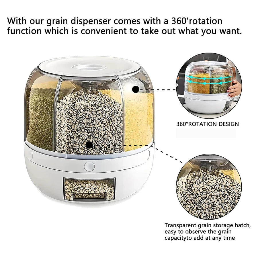 360° Rotating 6-Compartment Grain Dispenser – Airtight Kitchen Storage Container