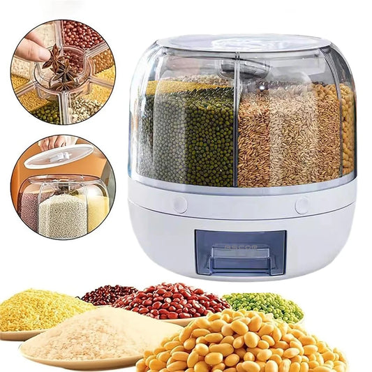 360° Rotating 6-Compartment Grain Dispenser – Airtight Kitchen Storage Container