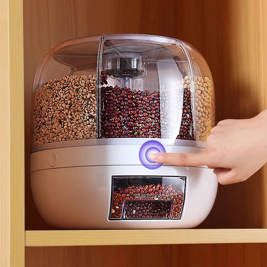 360° Rotating 6-Compartment Grain Dispenser – Airtight Kitchen Storage Container