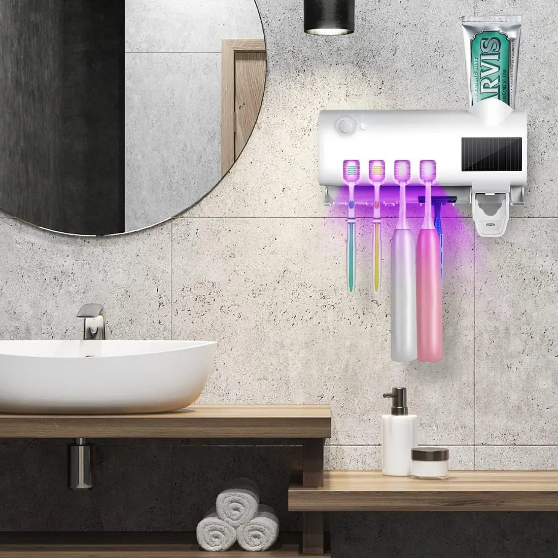Smart Wall-Mounted Toothbrush Sanitizer – Solar Powered with Auto Toothpaste Dispenser