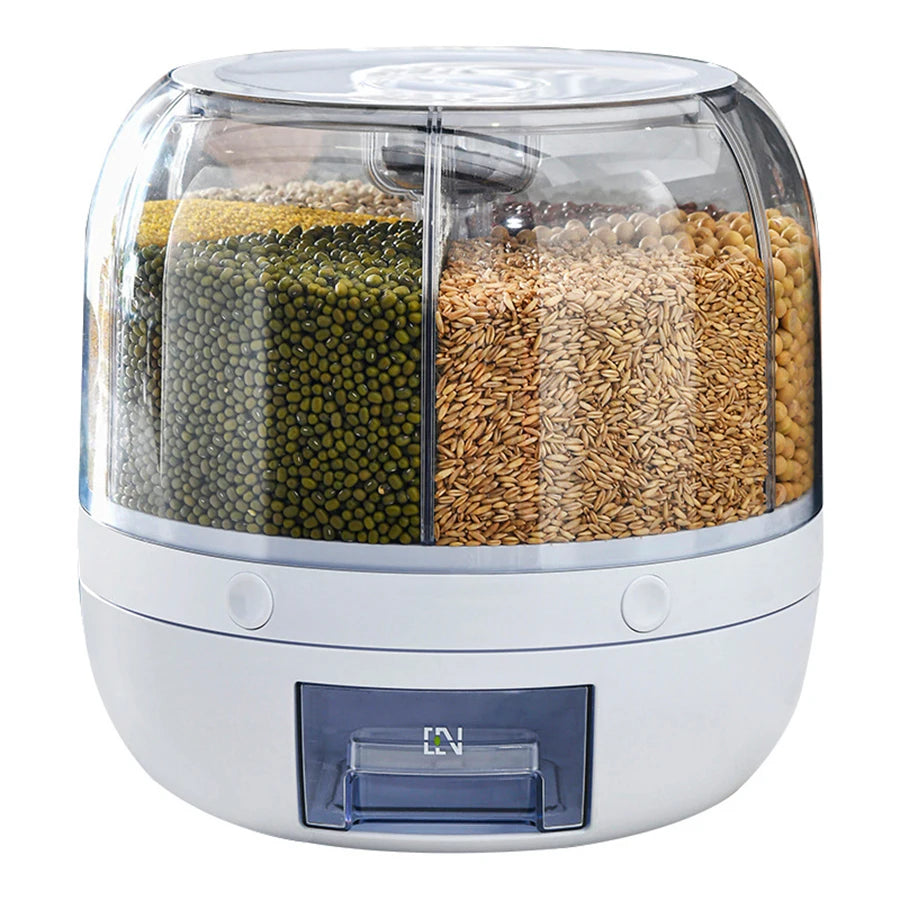 360° Rotating 6-Compartment Grain Dispenser – Airtight Kitchen Storage Container