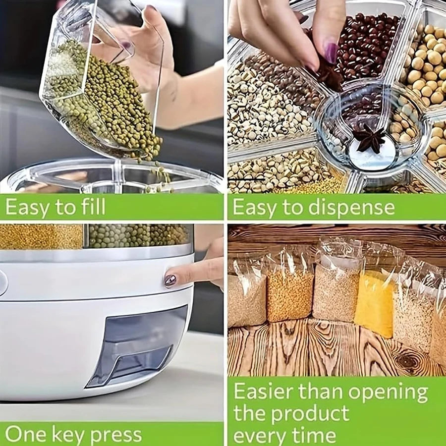 360° Rotating 6-Compartment Grain Dispenser – Airtight Kitchen Storage Container