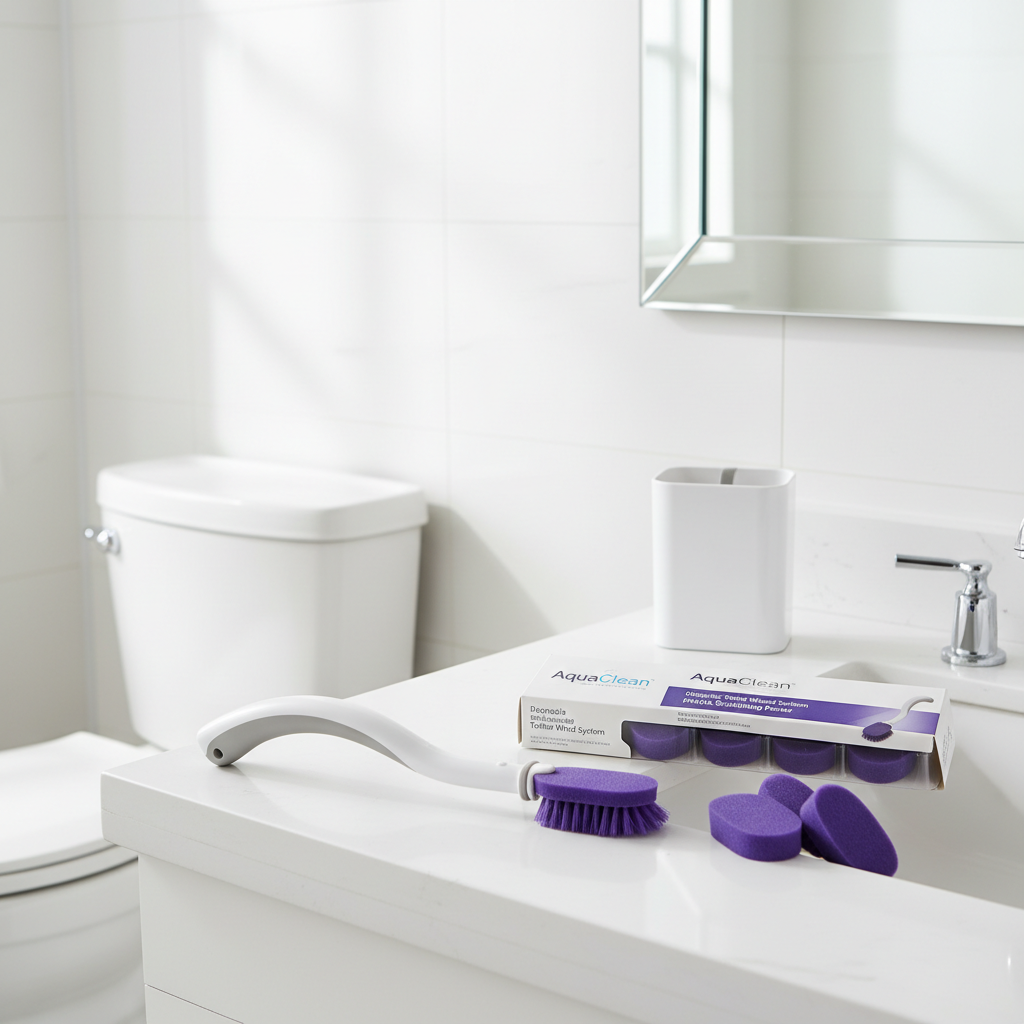 Disposable toilet brush cleaning kit with purple brush heads