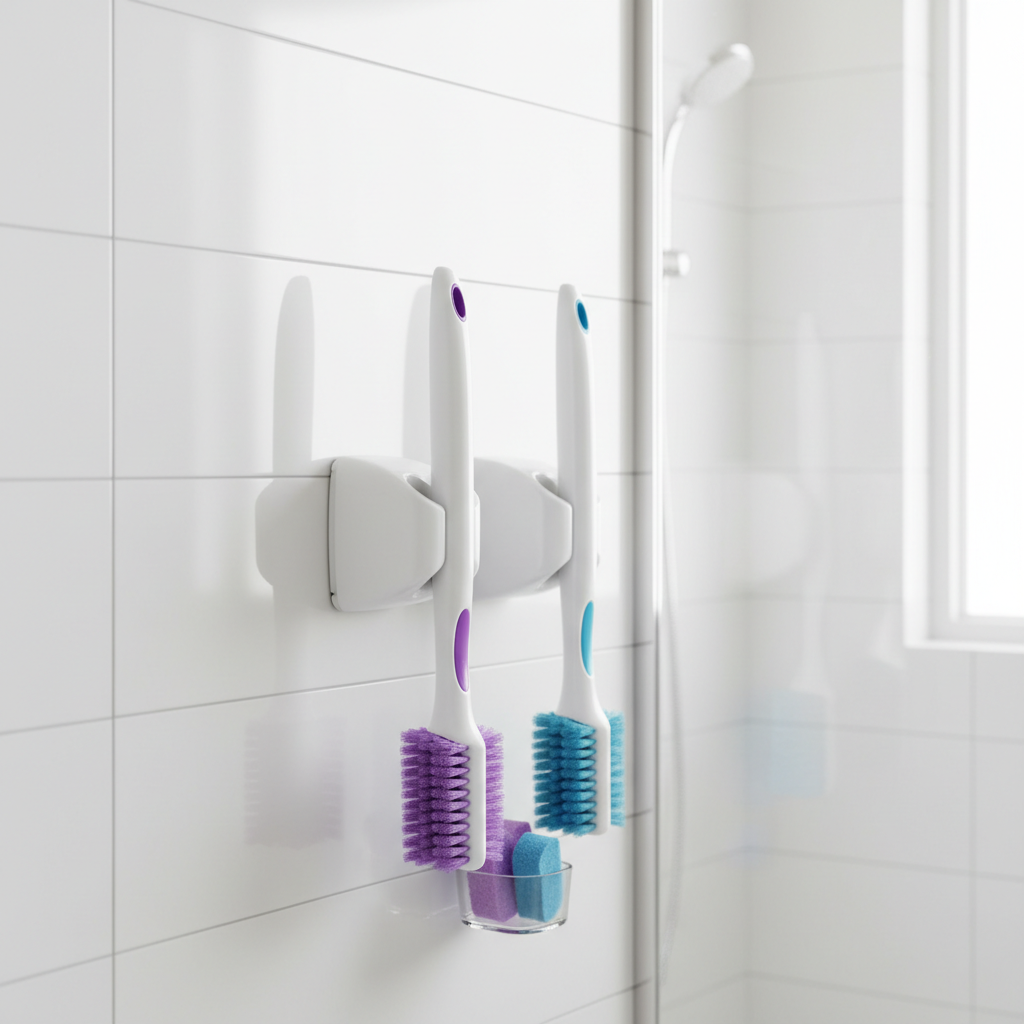 Disposable toilet bowl cleaning wand kit with replaceable brush heads in modern bathroom