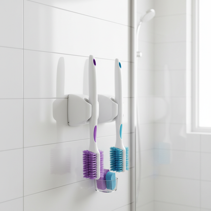 Disposable toilet bowl cleaning wand kit with replaceable brush heads in modern bathroom